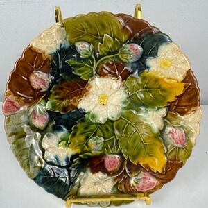 Antique Victorian Majolica Strawberry Plate Relief Fruit Floral Cabinet Plate